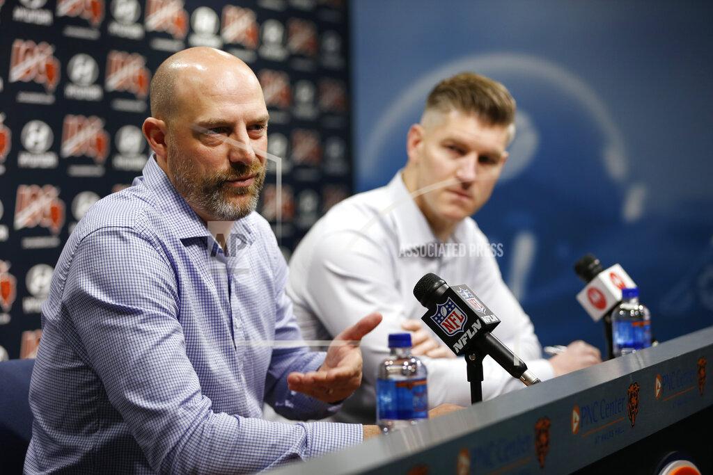 Stacey Wescott Chicago Bears head coach Matt Nagy and general manager Ryan Pace speak during an NFL football press conference at Halas Hall on Tuesday, Dec. 31, 2019, in Lake Forest, Ill. (Stacey Wescott/Chicago Tribune via AP)