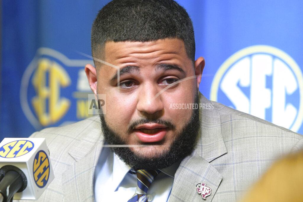 John Amis FILE - In this July 16, 2018, file photo, Texas A&M linebacker Erik McCoy is interviewed during NCAA college football SEC media days at the College Football Hall of Fame in Atlanta. McCoy is a prospect in the 2019 NFL Draft. (AP Photo/John Amis, File)