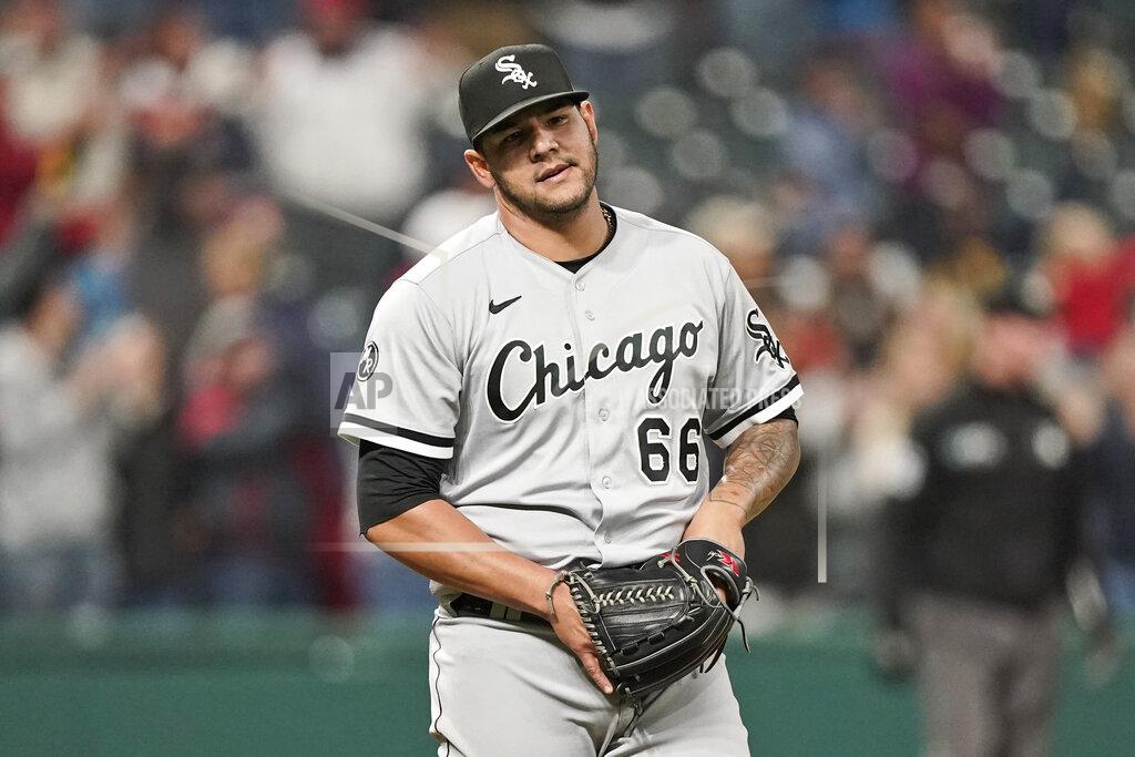 Tony Dejak Chicago White Sox relief pitcher Jose Ruiz reacts after giving up a two-run home run in the seventh inning in the second baseball game of a doubleheader against the Cleveland Indians, Thursday, Sept. 23, 2021, in Cleveland. (AP Photo/Tony Dejak)