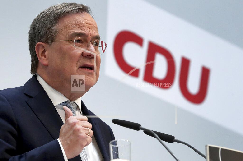 Michael Sohn Armin Laschet, chairman of the German Christian Democratic Union, CDU, addresses the media during a press conference at the party's headquarters in Berlin, Germany, Monday, March 15, 2021 the day after the regional elections in the German states of Baden-Wuerttemberg and Rhineland-Palatinate. Chancellor Angela Merkel's party CDU is considering how to respond to historically bad state election results six months before a national vote that will determine who succeeds Germany's long-time leader. (AP Photo/Michael Sohn, pool)