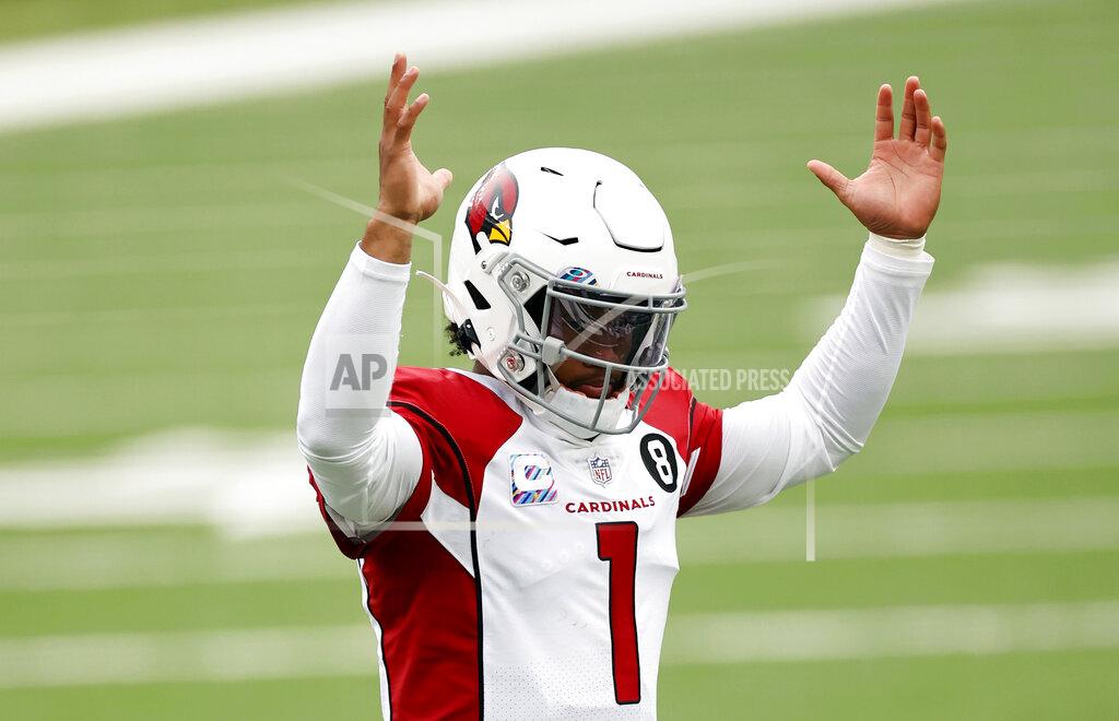Adam Hunger Arizona Cardinals quarterback Kyler Murray (1) reacts after a touchdown against the New York Jets during an NFL football game, Sunday, Oct. 11, 2020, in East Rutherford, N.J. With the NFC East a total mess, the conference's West Division is so strong that three teams, possibly all four, figure to challenge for the playoffs.(AP Photo/Adam Hunger)