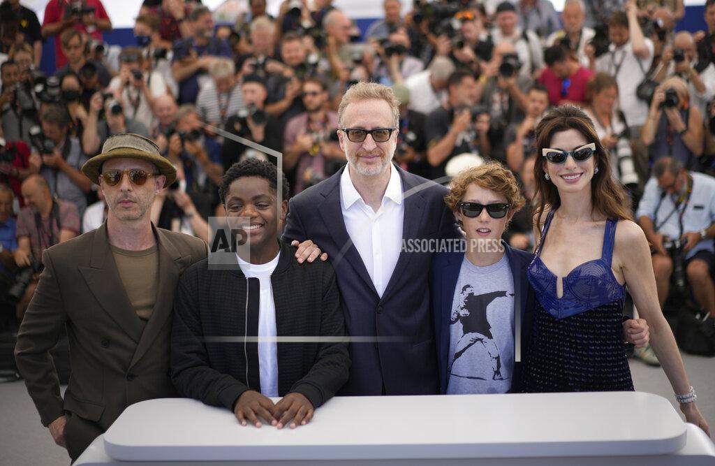 Daniel Cole Jeremy Strong, from left, Jaylin Webb, director James Gray, Michael Banks Repeta, and Anne Hathaway pose for photographers at the photo call for the film 'Armageddon Time' at the 75th international film festival, Cannes, southern France, Friday, May 20, 2022. (AP Photo/Daniel Cole)