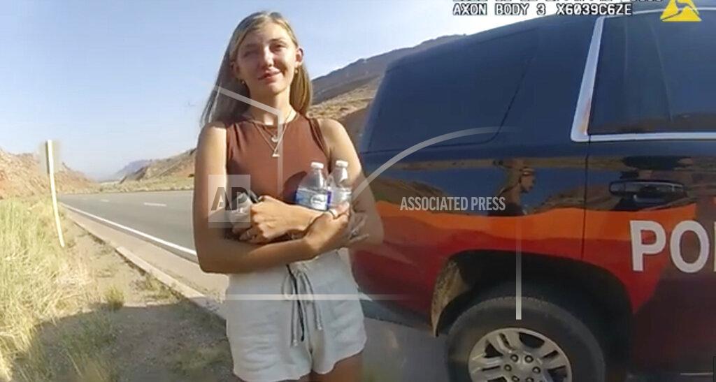 Uncredited This police camera video provided by The Moab Police Department shows Gabrielle “Gabby” Petito talking to a police officer after police pulled over the van she was traveling in with her boyfriend, Brian Laundrie, near the entrance to Arches National Park on Aug. 12, 2021. The couple was pulled over while they were having an emotional fight. Petito was reported missing by her family a month later and is now the subject of a nationwide search. (The Moab Police Department via AP)