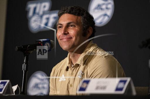 Georgia Tech head coach Josh Pastner smiles during NCAA college basketball Atlantic Coast Conference media day, Tuesday, Oct. 12, 2021, in Charlotte, N.C. (AP Photo/Matt Kelley)