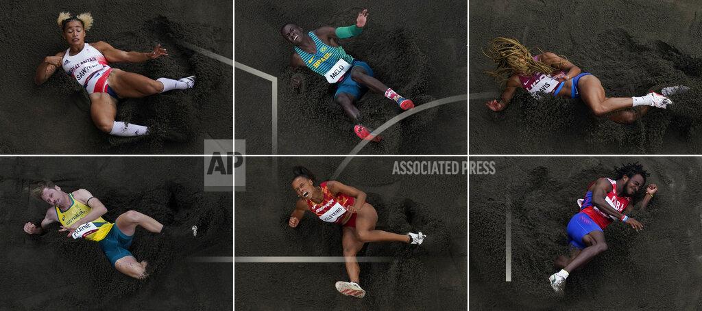 Morry Gash Jumpers, from top left, Jazmin Sawyers, of Britain, Alexsandro Melo, of Brazil, Tara Davis, of United States, Henry Frayne, of Australia, Ana Peleteiro, of Spain, and Maykel Masso, of Cuba, compete at the 2020 Summer Olympics in Tokyo. (AP Photos/Morry Gash)
