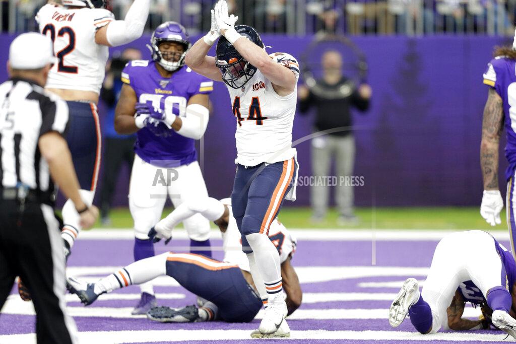 Andy Clayton-King Chicago Bears inside linebacker Nick Kwiatkoski celebrates after a safety during the first half of an NFL football game against the Minnesota Vikings, Sunday, Dec. 29, 2019, in Minneapolis. (AP Photo/Andy Clayton-King)
