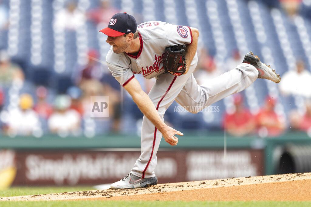 Laurence Kesterson Washington Nationals starting pitcher Max Scherzer throws during the first inning of a baseball game against the Philadelphia Phillies, Thursday, July 29, 2021, in Philadelphia in the first game of a doubleheader. (AP Photo/Laurence Kesterson)