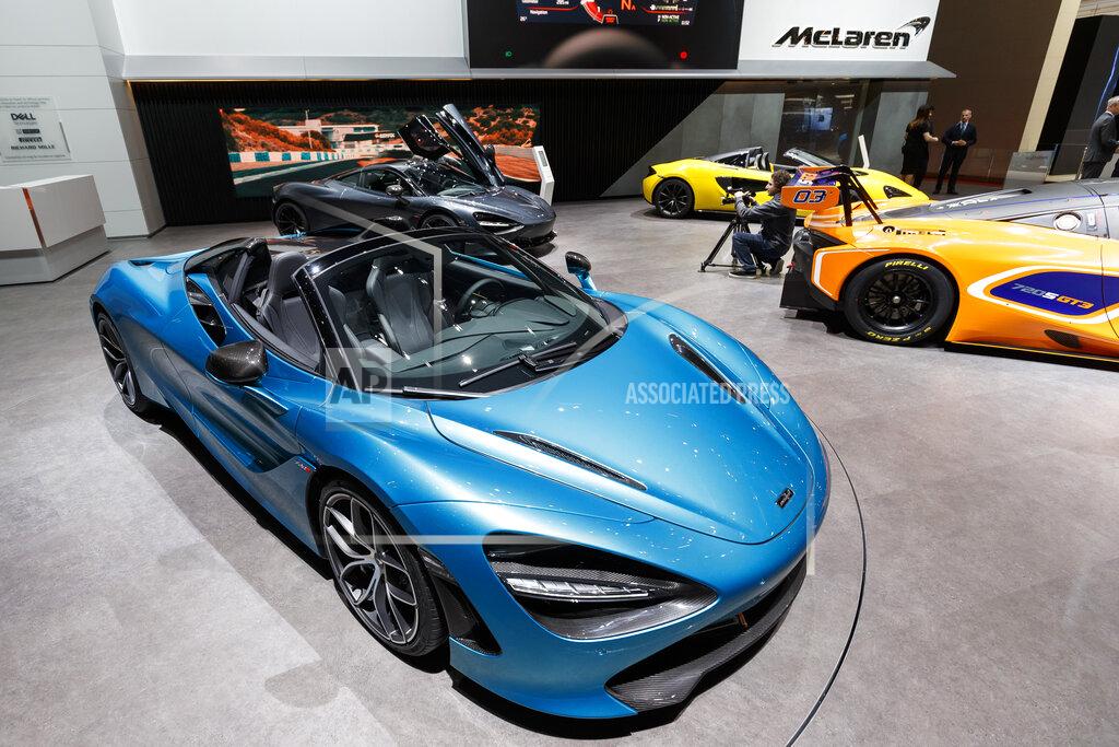Cyril Zingaro The new Mclaren 720s Spider is presented during the press day at the 89th Geneva International Motor Show in Geneva, Switzerland, Wednesday, March 6, 2019. The Motor Show will open its gates to the public from 7 to 17 March presenting more than 180 exhibitors and more than 100 world and European premieres. (Cyril Zingaro/Keystone via AP)