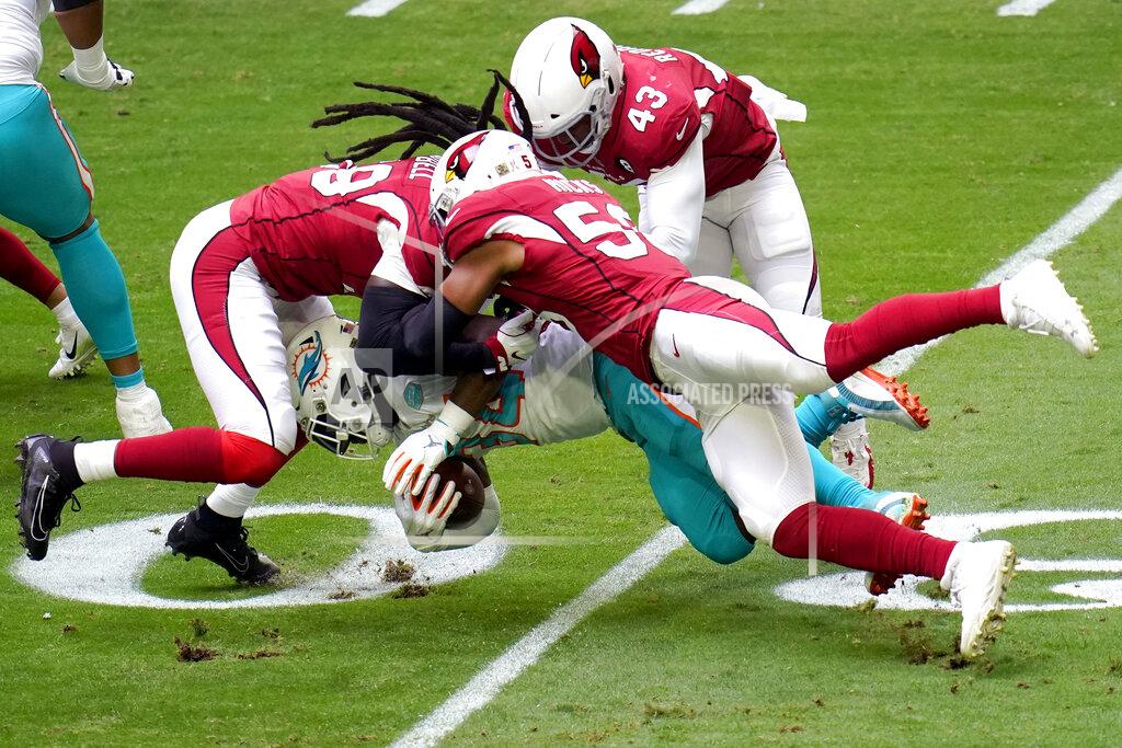 Ross D. Franklin Miami Dolphins running back Jordan Howard, center, is hit by Arizona Cardinals middle linebacker Jordan Hicks, right, outside linebacker Haason Reddick (43) and Arizona Cardinals outside linebacker De'Vondre Campbell, left, during the first half of an NFL football game, Sunday, Nov. 8, 2020, in Glendale, Ariz. (AP Photo/Ross D. Franklin)