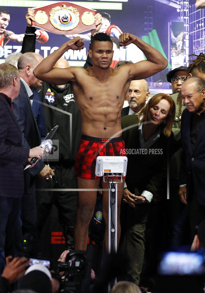 Tony Gutierrez Eleider Alvarez, the WBO light heavyweight champion, poses during his weigh-in in Frisco, Texas, Friday, Feb. 1, 2019. Alvarez will put his title on the line Saturday night when he is scheduled to fight Sergey Kovalev of Russia. (AP Photo/Tony Gutierrez)