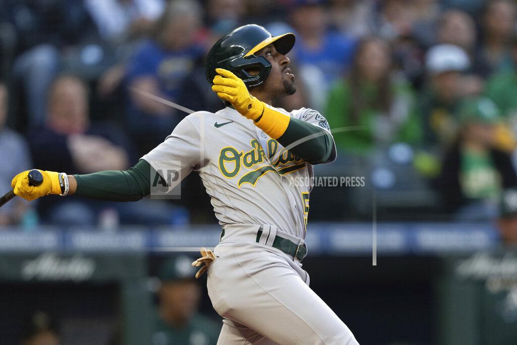 Stephen Brashear Oakland Athletics' Tony Kemp hits an RBI-single off Seattle Mariners starting pitcher Marco Gonzales during the fourth inning of a baseball game, Monday, May 23, 2022, in Seattle. The hit scored Athletics' Christian Bethancourt (AP Photo/Stephen Brashear)