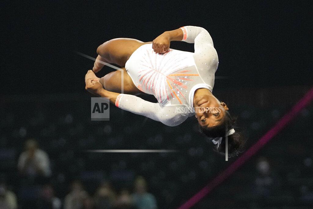 Aj Mast Simone Biles performs her floor routine during the U.S. Classic gymnastics event in Indianapolis, Saturday, May 22, 2021. (AP Photo/AJ Mast)