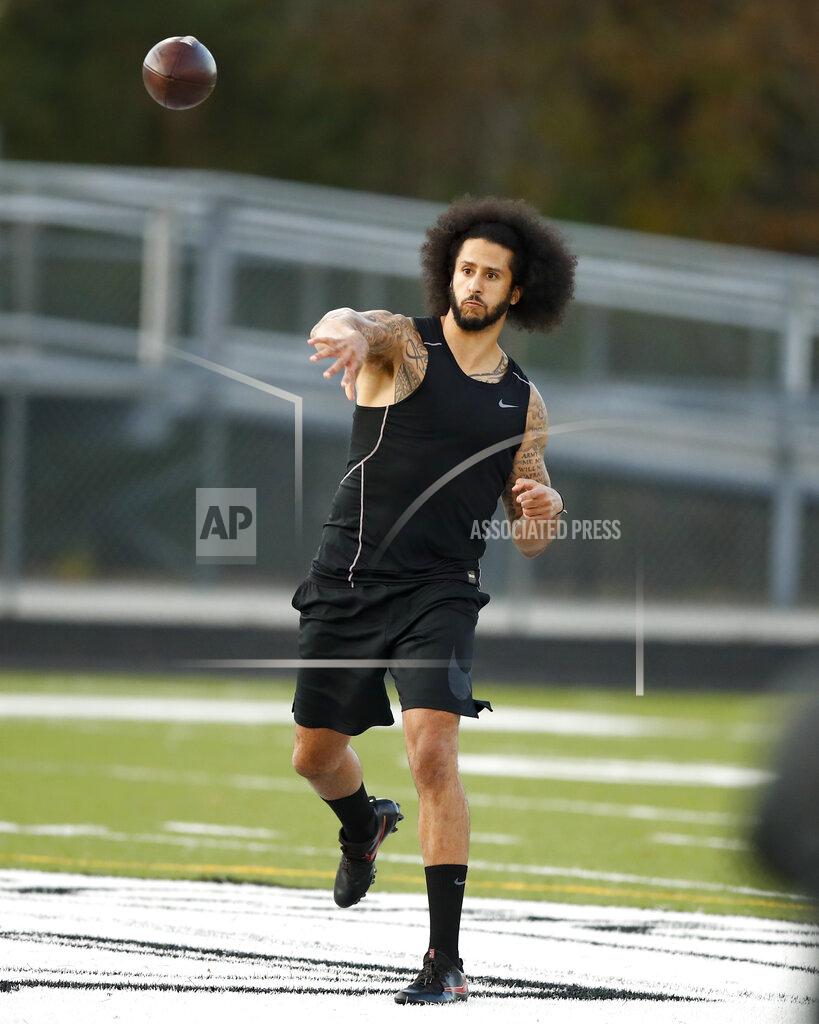 Todd Kirkland Free agent quarterback Colin Kaepernick participates in a workout for NFL football scouts and media, Saturday, Nov. 16, 2019, in Riverdale, Ga. (AP Photo/Todd Kirkland)