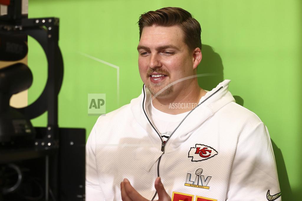 Steve Sanders Kansas City Chiefs offensive lineman Andrew Wylie (77) during Super Bowl media night, Monday, Feb. 1, 2021, in Tampa, Fla. The Chiefs will face the Tampa Bay Buccaneers in Super Bowl 55. (Steve Sanders/Kansas City Chiefs via AP)