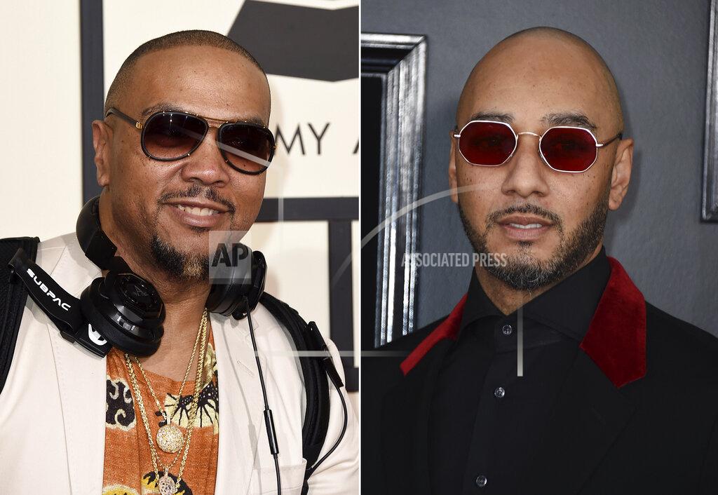 Jordan Strauss This combination photo shows Timbaland at the 58th annual Grammy Awards in Los Angeles on Feb. 15, 2016, left, and Swizz Beatz at the 61st annual Grammy Awards in Los Angeles. The producers are among the entertainers who took the initiative to make the best out of a challenging year. A friendly competition between the two on social media started off to entertain homebound fans during the pandemic, but their platform eventually evolved into a place where some of music's biggest stars could compete against each other in the same fashion. (Photos by Jordan Strauss/Invision/AP)