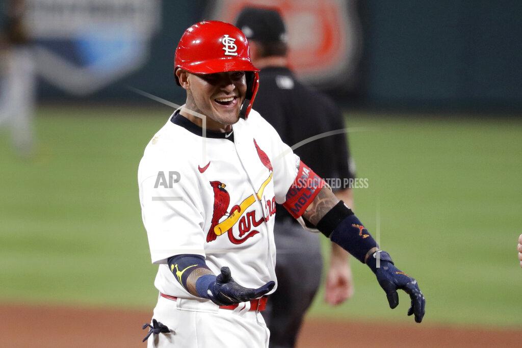 Jeff Roberson St. Louis Cardinals' Yadier Molina smiles after hitting an RBI single during the sixth inning of a baseball game against the Pittsburgh Pirates Friday, July 24, 2020, in St. Louis. (AP Photo/Jeff Roberson)