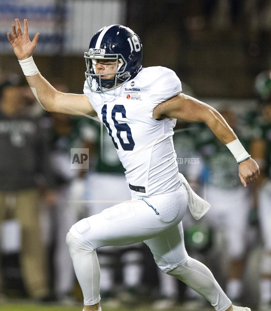 Mickey Welsh Georgia Southern placekicker Tyler Bass (16) celebrates after kicking a winning field goal as time ran out to defeat Eastern Michigan in the Camellia Bowl in Montgomery, Ala., Saturday, Dec. 15, 2018. (Mickey Welsh/The Montgomery Advertiser via AP)