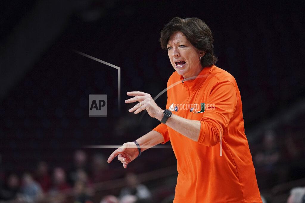 Sean Rayford Miami head coach Katie Meier directs her team during the first half against South Florida in the first round of the NCAA college basketball tournament, Friday, March 18, 2022 in Columbia, S.C. (AP Photo/Sean Rayford)