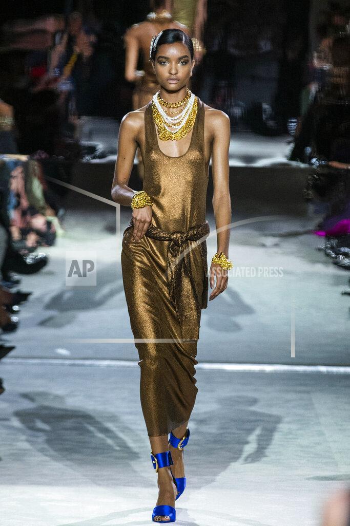 Eduardo Munoz Alvarez A model walks the runway at the Tom Ford spring/summer 2022 fashion show at Lincoln Center during New York Fashion Week on Sunday, Sept. 12, 2021. (AP Photo/Eduardo Munoz Alvarez)