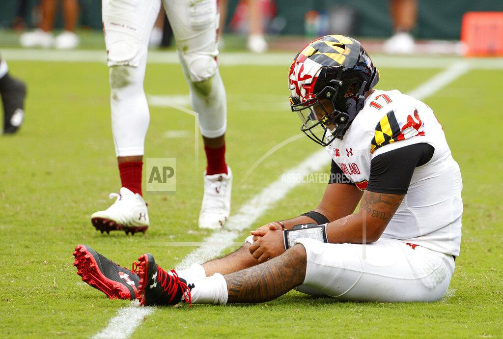Chris Szagola Maryland quarterback Josh Jackson (17) sits on the field after an incompletion on third down during the second half of an NCAA college football against Temple, Saturday, Sept. 14, 2019, in Philadelphia. Temple won 20-17. (AP Photo/Chris Szagola)