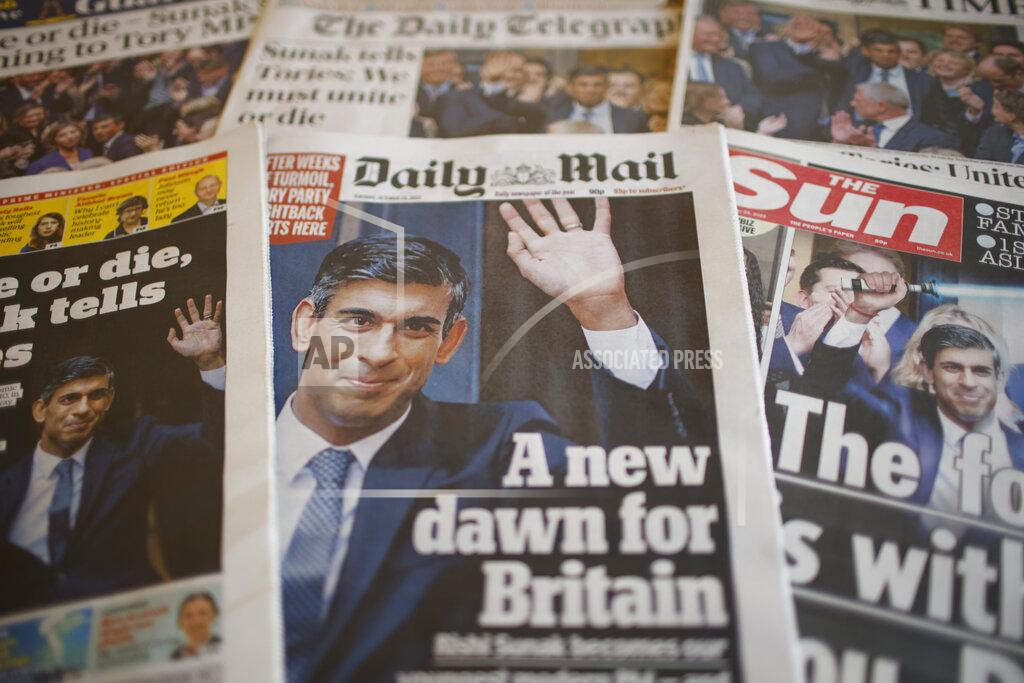 David Cliff FILE - A selection of the front pages of British national newspapers showing the reaction after Rishi Sunak won the Conservative Party leadership contest in London, Oct. 25, 2022. In his first month as Britain's prime minister, Rishi Sunak has stabilized the economy, reassured allies from Washington to Kyiv and even soothed the European Union after years of sparring between Britain and the bloc. But Sunak’s challenges are just beginning. He is facing a stagnating economy, a cost-of-living crisis – and a Conservative Party that is fractious and increasingly unpopular after 12 years in power. (AP Photo/David Cliff, File)