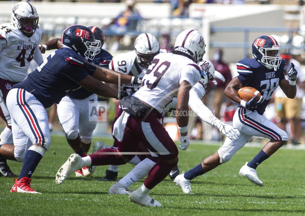 Eric Shelton Jackson State's Santee Marshall (38) runs to the end zone against Alabama A&M during an NCAA college football game at Veterans Memorial Stadium in Jackson, Miss., Saturday, April 10, 2021. (Eric Shelton/The Clarion-Ledger via AP)