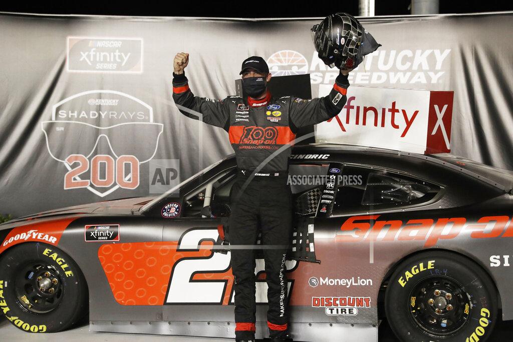 Mark Humphrey Austin Cindric celebrates his win after a NASCAR Xfinity Series auto race Thursday, July 9, 2020, in Sparta, Ky. (AP Photo/Mark Humphrey)