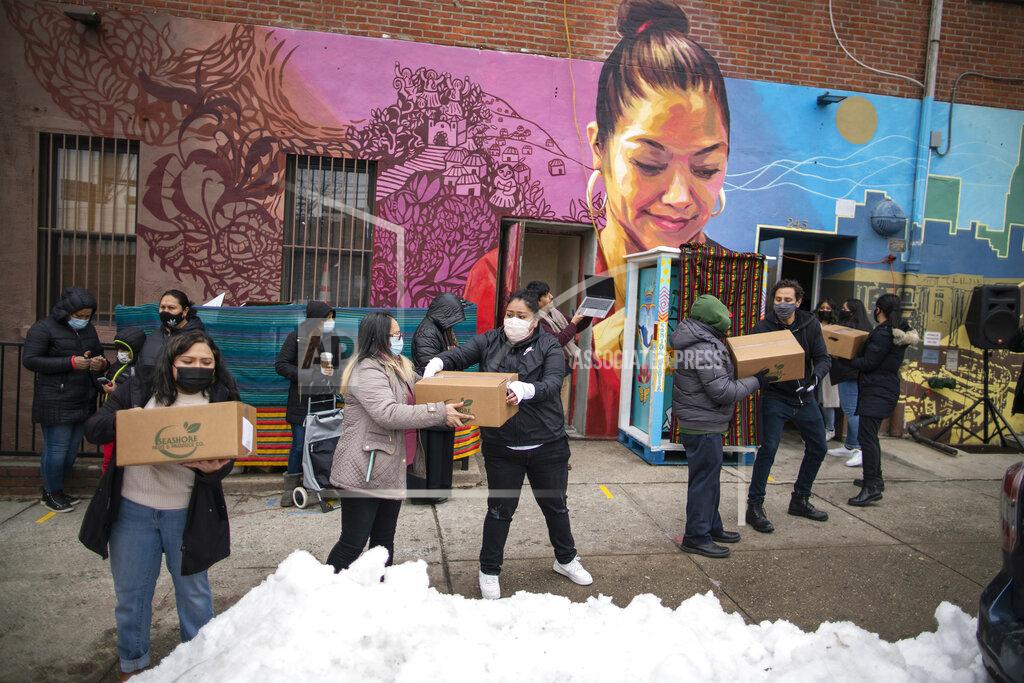 Eduardo Munoz Alvarez Volunteers carry food for donations as people receive COVID-19 information for vaccines at the community center Mixteca during the coronavirus pandemic, Saturday, Feb. 13, 2021, in the Brooklyn borough of New York. From elderly Cuban Americans in Florida to farmworkers in California, Latinos face daunting barriers like fear, language and a lack of education and access as the COVID-19 vaccines roll out, creating risks for public health as the virus mutates and spreads. (AP Photo/Eduardo Munoz Alvarez)
