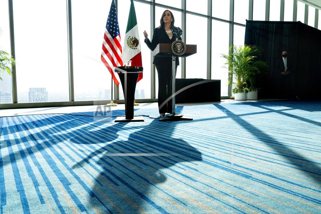 Jacquelyn Martin Vice President Kamala Harris speaks to the media, Tuesday, June 8, 2021, at the Sofitel Mexico City Reforma in Mexico City. (AP Photo/Jacquelyn Martin)