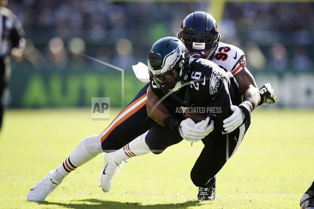 Matt Rourke Philadelphia Eagles' Miles Sanders, left, is tackled by Chicago Bears' James Vaughters during the first half of an NFL football game, Sunday, Nov. 3, 2019, in Philadelphia. (AP Photo/Matt Rourke)