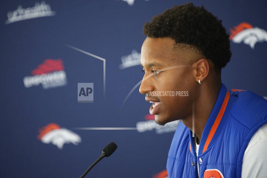 Denver Broncos wide receiver Courtland Sutton speaks during a news conference Tuesday, July 27, 2021, in Englewood, Colo., before the NFL football team's training camp. (AP Photo/David Zalubowski)