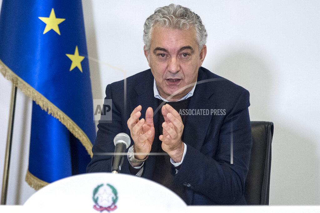 Roberto Monaldo The Italian government’s commissioner for the pandemic Domenico Arcuri speaks during a press conference in Rome, Thursday, Nov. 12, 2020. A day after Italy surpassed the 1 million-mark for confirmed COVID-19 infections, Arcuri said the first batch of 1.7 million vaccines should be available by the end of January, with officials now working on distribution logistics. (Roberto Monaldo/LaPresse via AP)
