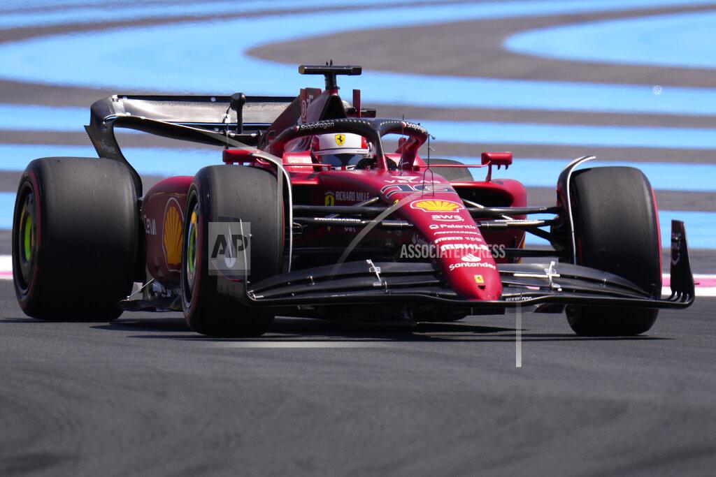 Manu Fernandez Ferrari driver Charles Leclerc of Monaco steers his car during the first practice for the French Formula One Grand Prix at Paul Ricard racetrack in Le Castellet, southern France, Friday, July 22, 2022. The French Grand Prix will be held on Sunday. (AP Photo/Manu Fernandez)