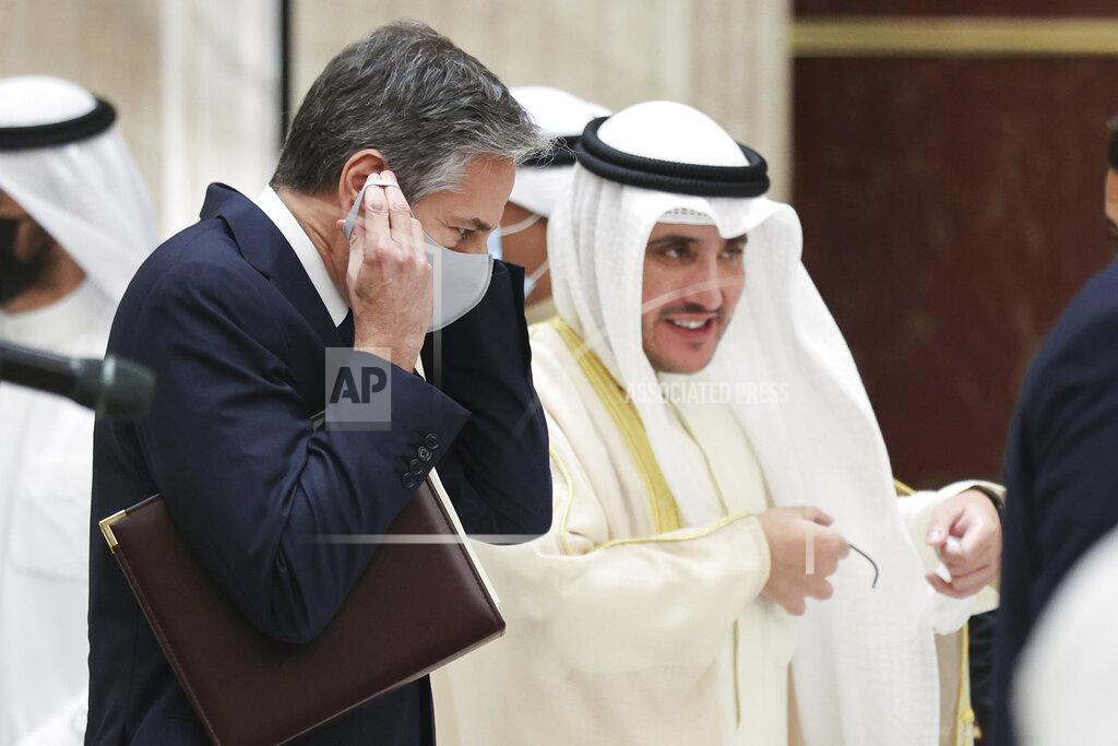 Jonathan Ernst Kuwaiti Foreign Minister Sheikh Ahmad Nasser Al-Mohammad Al-Sabah and U.S. Secretary of State Antony Blinken depart at the end of a joint news conference at the Ministry of Foreign Affairs in Kuwait City, Kuwait, Thursday, July 29, 2021. (Jonathan Ernst/Pool via AP)