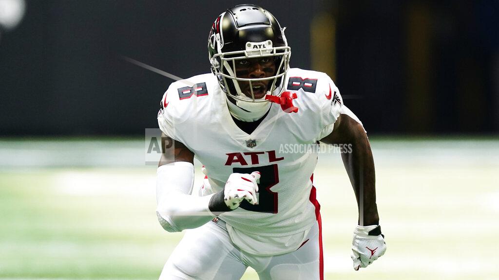 John Bazemore Atlanta Falcons tight end Kyle Pitts (8) works against the Philadelphia Eagles during the first half of an NFL football game, Sunday, Sept. 12, 2021, in Atlanta. (AP Photo/John Bazemore)