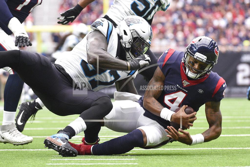 Eric Christian Smith Houston Texans quarterback Deshaun Watson (4) is sacked by Carolina Panthers linebacker Mario Addison (97) during the first half of an NFL football game Sunday, Sept. 29, 2019, in Houston. (AP Photo/Eric Christian Smith)