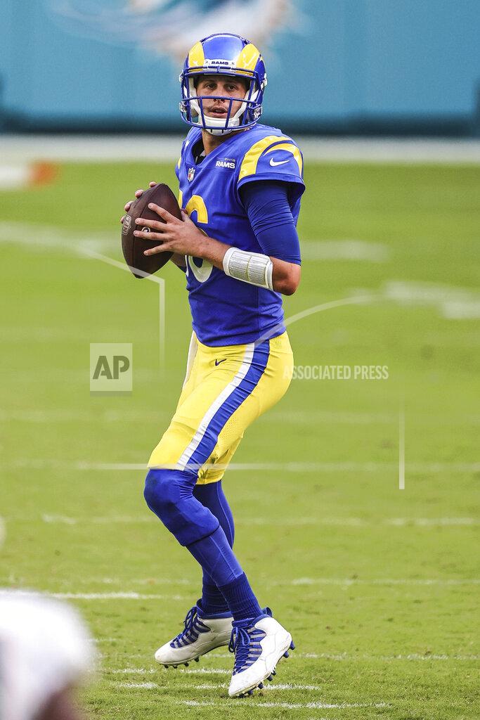 Margaret Bowles Los Angeles Rams quarterback Jared Goff (16) looks downfield for a receiver in an NFL game against the Miami Dolphins, Sunday, Nov. 1, 2020 in Miami Gardens, Fla. The Dolphins defeated the Rams 28-17. (Margaret Bowles via AP)