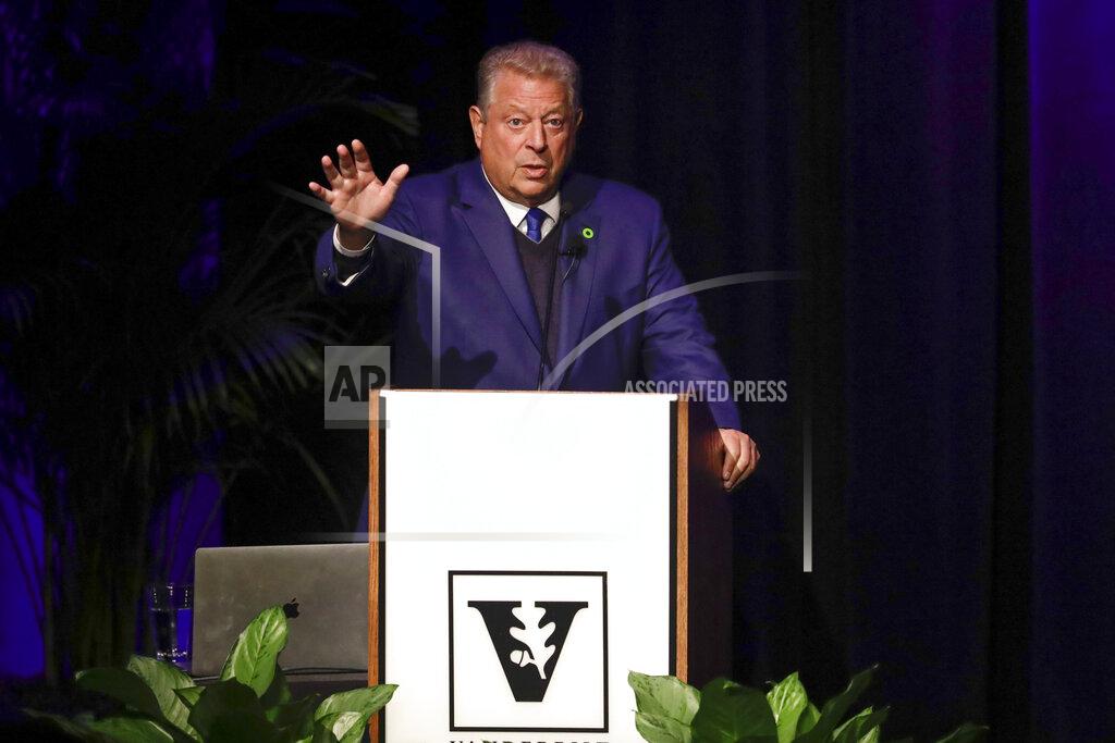 Former Vice President Al Gore speaks on climate change at Vanderbilt University as part of a worldwide event called 24 Hours of Reality: Truth in Action on Wednesday, Nov. 20, 2019, in Nashville, Tenn. (AP Photo/Mark Humphrey)
