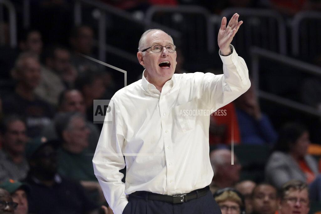 Lynne Sladky Miami head coach Jim Larranaga watches during the second half of an NCAA college basketball game against North Carolina State, Wednesday, Feb. 5, 2020, in Coral Gables, Fla. North Carolina State won 83-72. (AP Photo/Lynne Sladky)