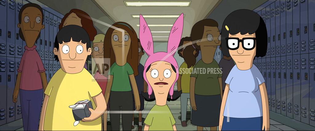 Uncredited This image released by 20th Century Studios shows, from left, Gene Belcher, voiced by Eugene Mirman, Louise Belcher, voiced by Kristen Schaal, and Tina Belcher, voiced by Dan Mintz, in a scene from "The Bob's Burgers Movie." (20th Century Studios via AP)