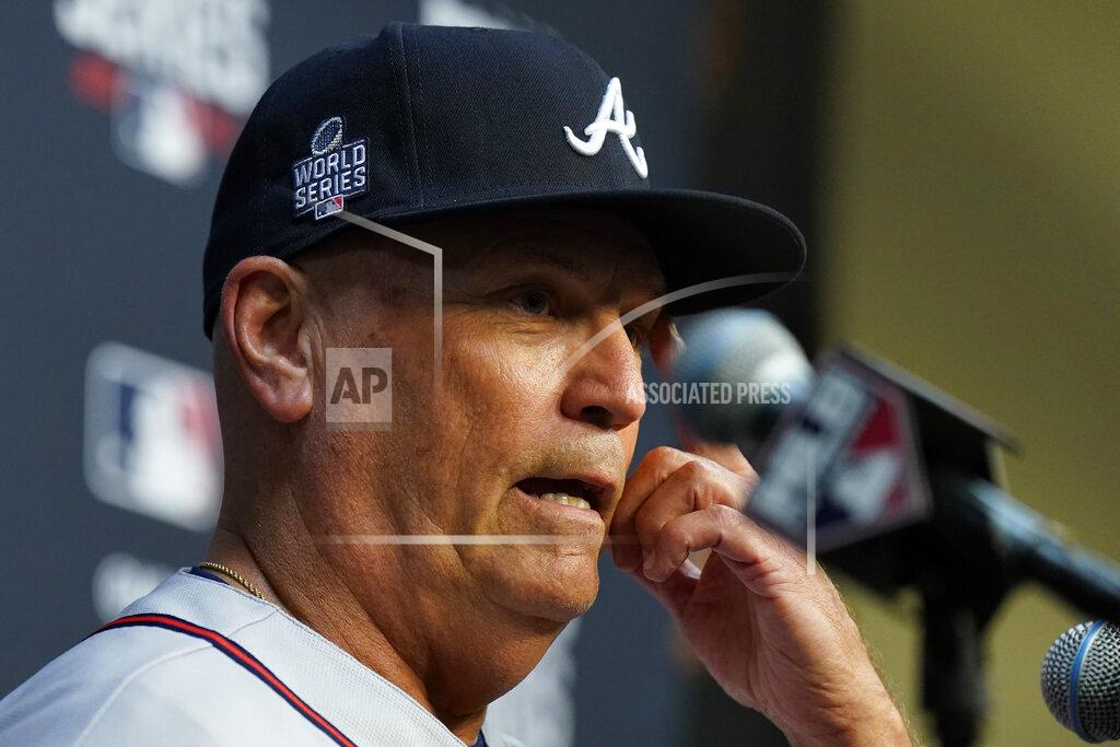 David J. Phillip Atlanta Braves manager Brian Snitker speaks during a news conference Monday, Oct. 25, 2021, in Houston, in preparation for Game 1 of baseball's World Series tomorrow between the Houston Astros and the Atlanta Braves. (AP Photo/David J. Phillip)