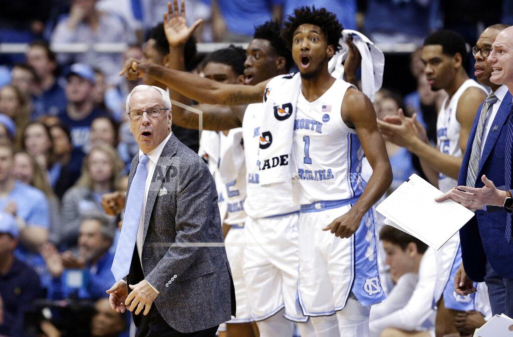Gerry Broome North Carolina head coach Roy Williams reacts with players during the first half of an NCAA college basketball game against Louisville in Chapel Hill, N.C., Saturday, Jan. 12, 2019. (AP Photo/Gerry Broome)