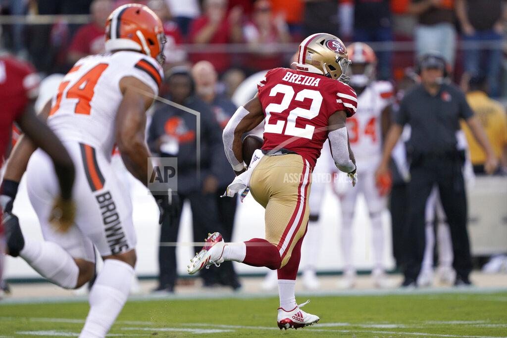 Tony Avelar San Francisco 49ers running back Matt Breida (22) runs for a touchdown against the Cleveland Browns during the first half of an NFL football game in Santa Clara, Calif., Monday, Oct. 7, 2019. (AP Photo/Tony Avelar)