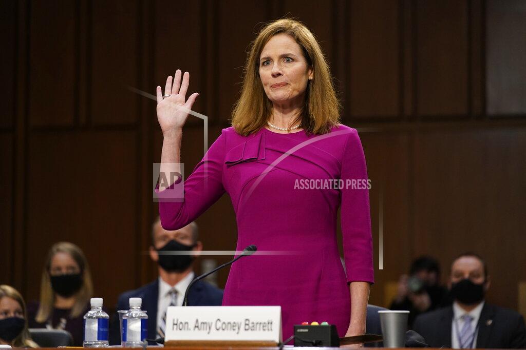 Patrick Semansky Supreme Court nominee Amy Coney Barrett is sworn in during a confirmation hearing before the Senate Judiciary Committee, Monday, Oct. 12, 2020, on Capitol Hill in Washington. (AP Photo/Patrick Semansky, Pool)