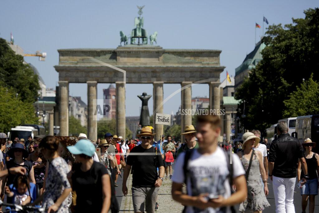 Markus Schreiber A demonstrator carries a sign reading 'Freedom' in front of the Brandenburg gate as he attends a demonstration with the slogan ‚The end of the pandemic - freedom day' - against coronavirus restrictions in Berlin, Germany, Saturday, Aug. 1, 2020. It comes amid increasing concern about an upturn in infections in Germany. (AP Photo/Markus Schreiber)