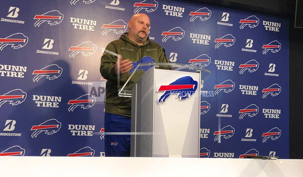John Wawrow Buffalo Bills offensive coordinator Brian Daboll addresses the media at the team's headquarters on Monday, Nov. 18, 2019, a day following a 37-20 win over the Miami Dolphins. Daboll turned heads by sporting a new look, in which he shaved off his beard and grew a moustache. Daboll joked the switch had nothing to do with the Bills posting season highs in points and yards offense (424). Noting his wife doesn't like the moustache, Daboll laughed when asked if he expects to keep it, by saying: "I sleep next to my wife every night, so you never know when you wake up." (AP Photo/John Wawrow)