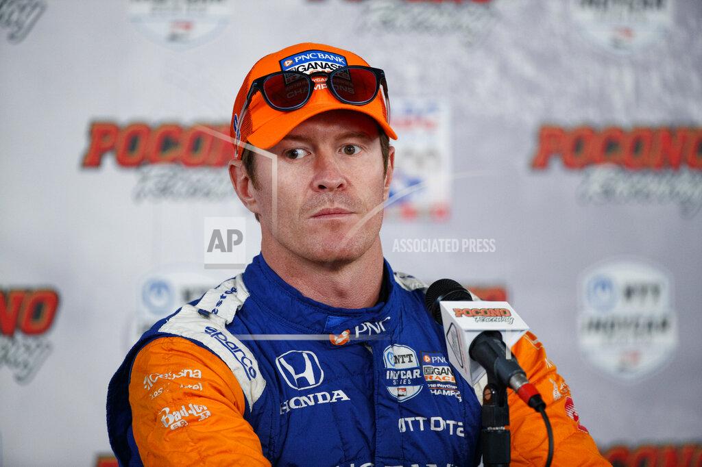 File-This Aug. 17, 2019, file photo shows Scott Dixon during a news conference for Sunday's IndyCar Series auto race at Pocono Raceway, in Long Pond, Pa. Josef Newgarden has been the IndyCar points leader for all but one race this season and built enough of a cushion that his mindset has changed as the championship race speeds into an anticlimactic final two events of the year. Newgarden leads Team Penske teammate and Indianapolis 500 winner Simon Pagenaud by 38 points, while Alexander Rossi is 46 points behind. Five-time and reigning series champion Dixon is still mathematically in the hunt, but a mechanical issue last week at Gateway dropped him to 70 points behind Newgarden.
(AP Photo/Matt Slocum, File)