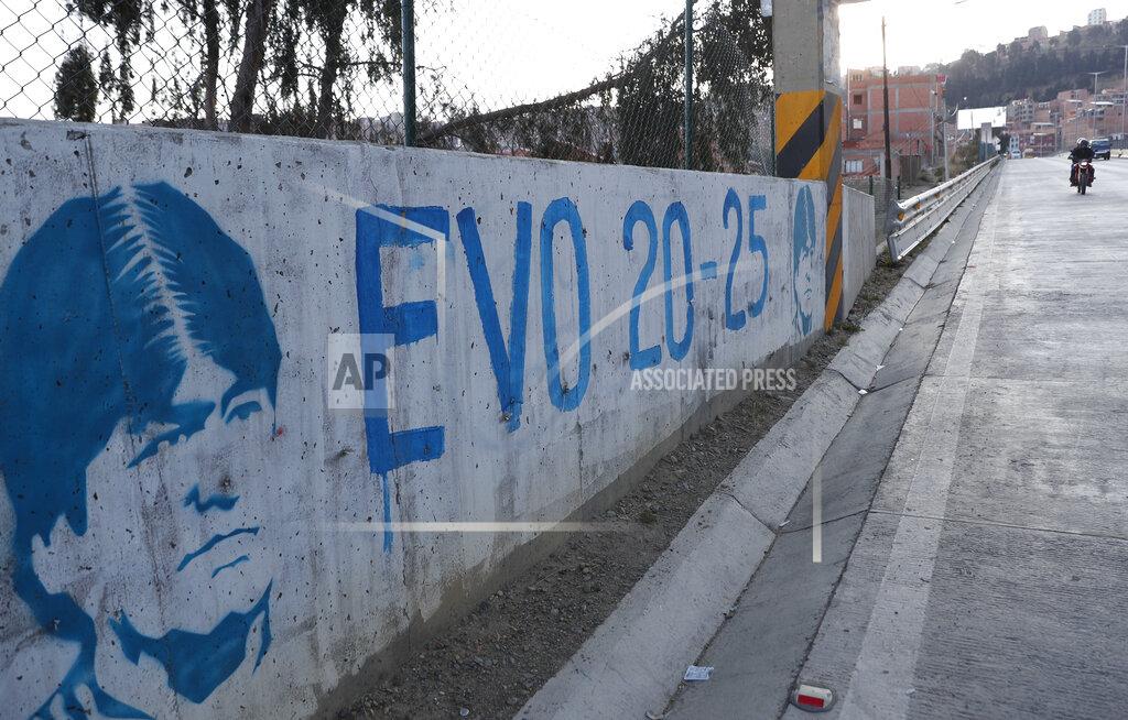 Juan Karita A graffiti of former Bolivian President Evo Morales adorns a wall prior to Sunday's elections, in La Paz, Bolivia, Thursday, Oct. 15, 2020. (AP Photo/Juan Karita)