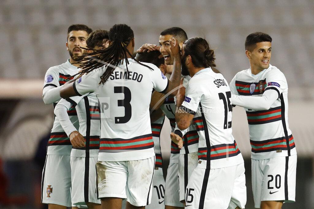 Darko Bandic Portugal players celebrate after scoring their third goal during the UEFA Nations League soccer match between Croatia and Portugal at the Poljud stadium in Split, Croatia, Tuesday, Nov. 17, 2020. (AP Photo/Darko Bandic)