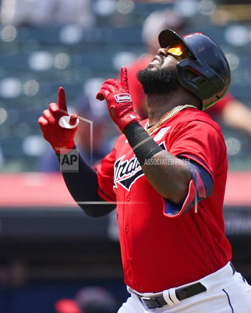 Tony Dejak Cleveland Indians' Franmil Reyes celebrates after hitting a solo home run in the second inning of a baseball game against the St. Louis Cardinals, Wednesday, July 28, 2021, in Cleveland. (AP Photo/Tony Dejak)